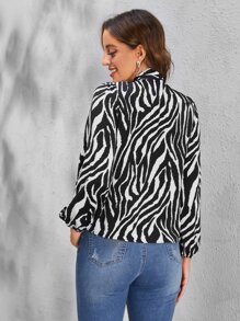 SHEIN Tie Neck Lantern Sleeve Zebra Striped Top - Black and White - View 2