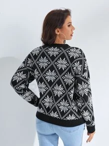 SHEIN Floral & Argyle Pattern Drop Shoulder Jumper - Black and White - View 2