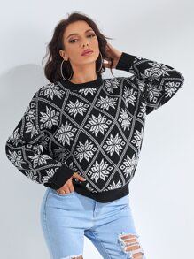 SHEIN Floral & Argyle Pattern Drop Shoulder Jumper - Black and White - View 3