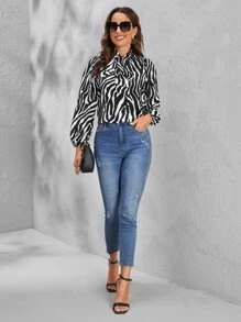 SHEIN Tie Neck Lantern Sleeve Zebra Striped Top - Black and White - View 4