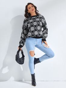 SHEIN Floral & Argyle Pattern Drop Shoulder Jumper - Black and White - View 4