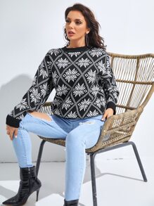 SHEIN Floral & Argyle Pattern Drop Shoulder Jumper - Black and White - View 5