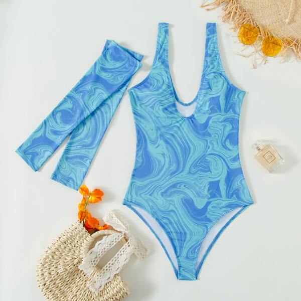 

Abstract Fluid Pattern One Piece Swimsuit & Removable Sleeves, Blue