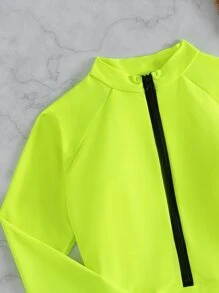 SHEIN Swim Summer Beach Neon Lime Zip Front Belted One Piece Swimsuit Bathing Suit - Lime Green - View 6