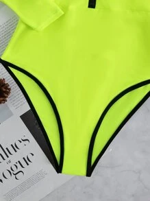 SHEIN Swim Summer Beach Neon Lime Zip Front Belted One Piece Swimsuit Bathing Suit - Lime Green - View 7