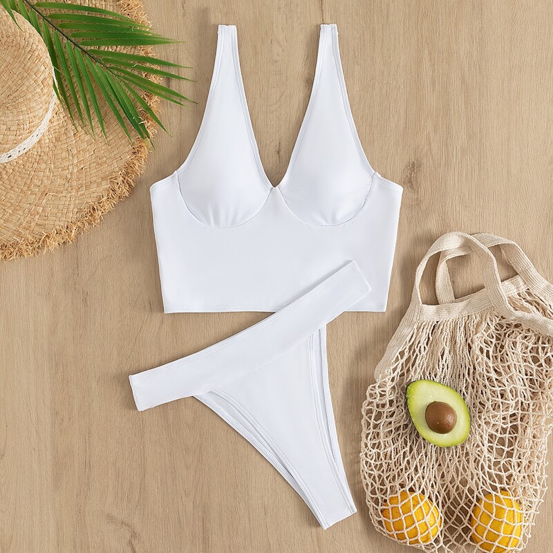

Solid Underwire Thong Bikini Swimsuit, White