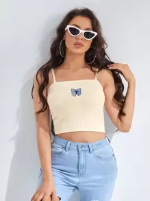 SHEIN Butterfly Embroidery Knit Top - Beige - View 1