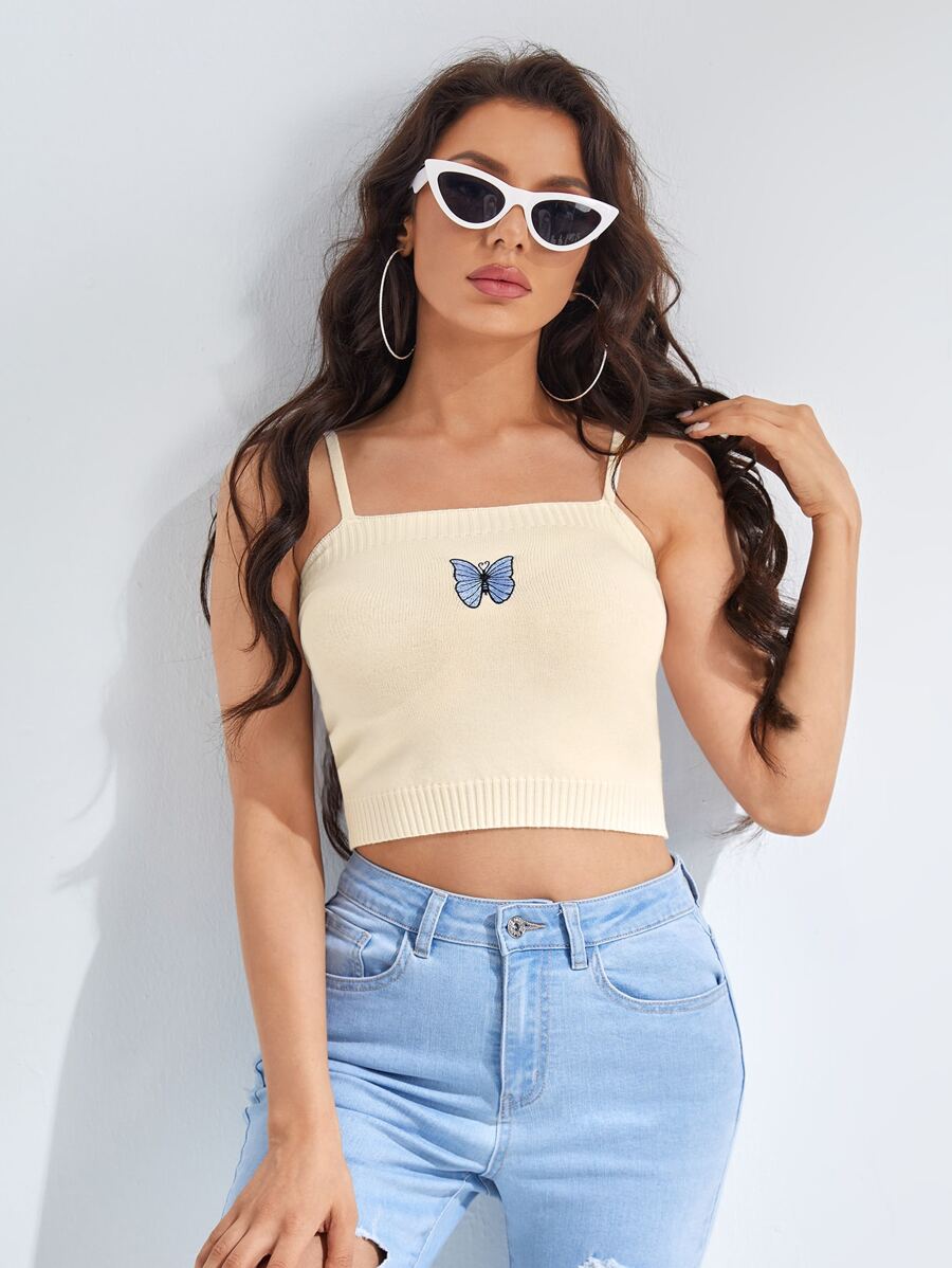 SHEIN Butterfly Embroidery Knit Top - Beige - View 1