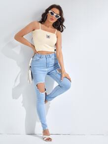 SHEIN Butterfly Embroidery Knit Top - Beige - View 3