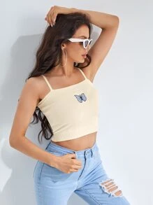 SHEIN Butterfly Embroidery Knit Top - Beige - View 5