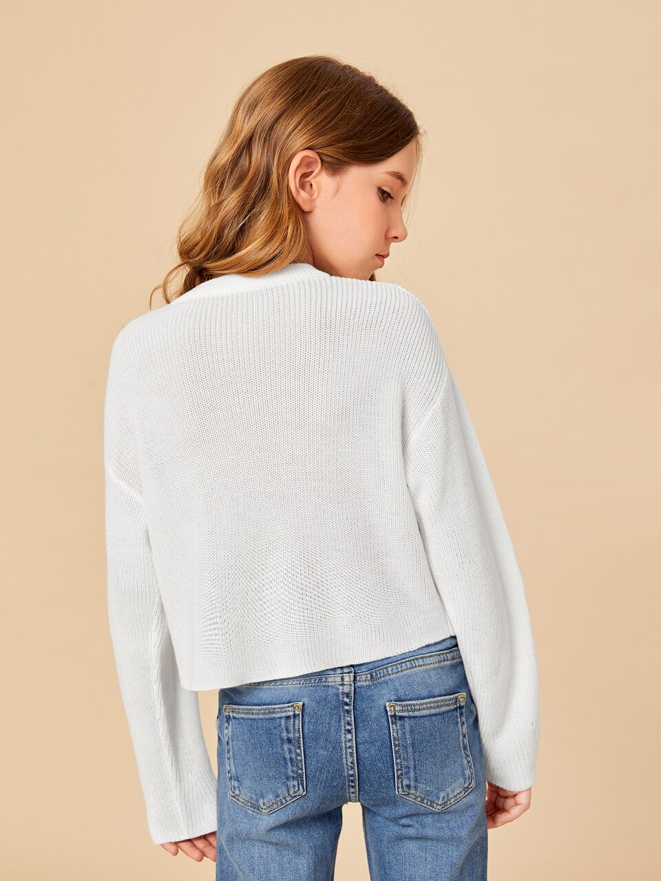 Girls Pointelle Knit Drop Shoulder Sweater