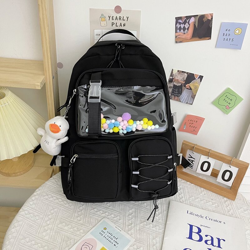

Multi-pocket Front Backpack With Cartoon Charm, Black