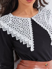 SHEIN Jersey de cuello con encaje exagerado - Negro - Ver 3