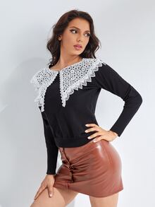 SHEIN Jersey de cuello con encaje exagerado - Negro - Ver 5