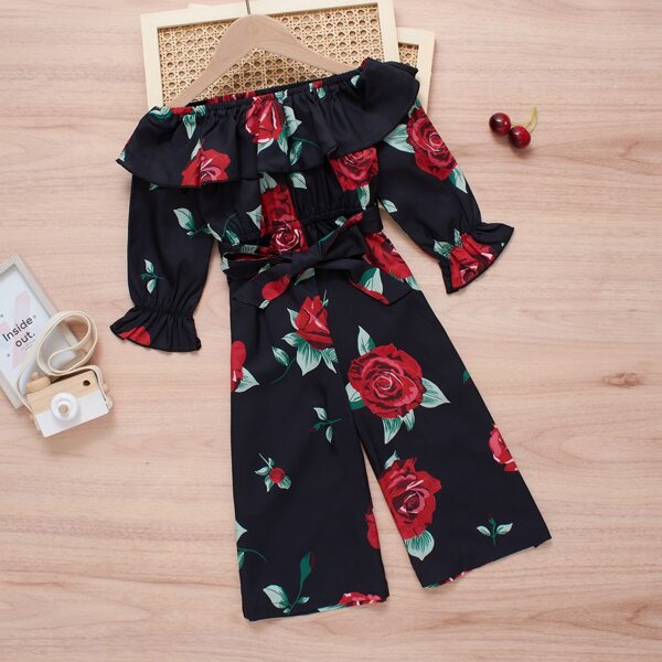 

Toddler Girls Floral Print Flounce Sleeve Belted Jumpsuit, Black