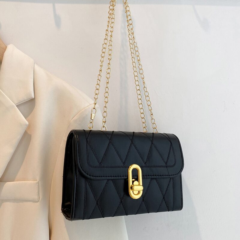 

Quilted Flap Metal Lock Chain Bag, Black