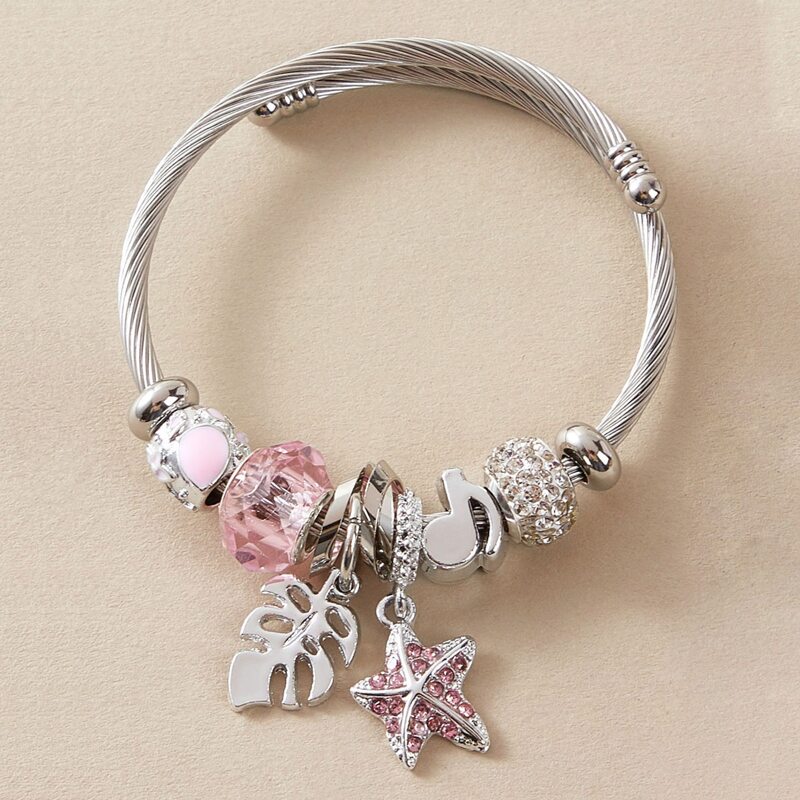 

Leaf Charm Beaded Bracelet, Silver