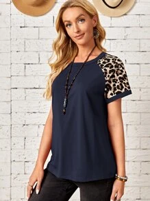 EMERY ROSE Casual Kleurblok Luipaard T-shirt - Donker blauw - Bekijken 4
