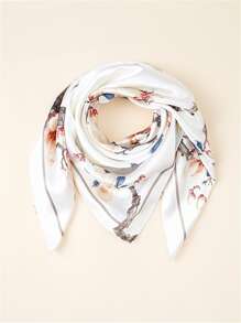 波西米亞風花卉印花圍巾 - 白色 - 查看 1