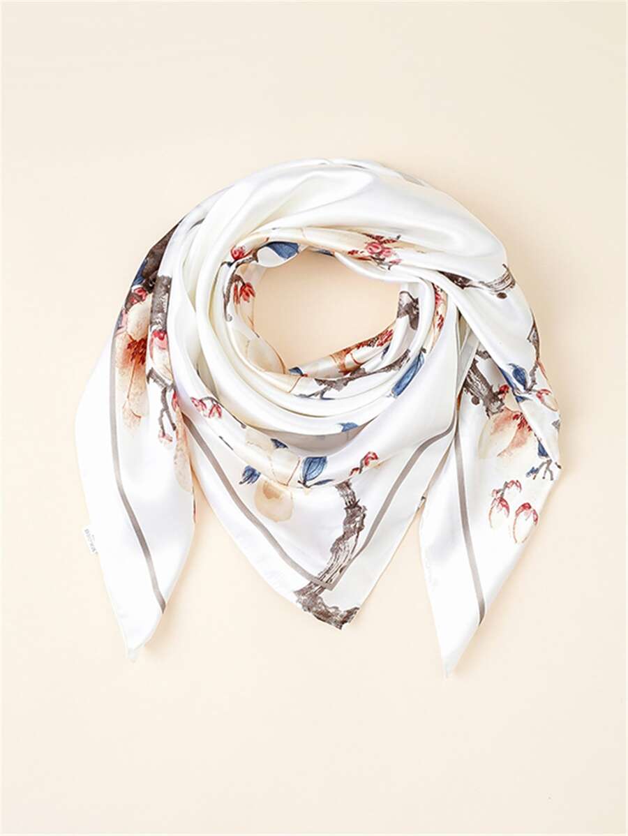 波西米亞風花卉印花圍巾 - 白色 - 查看 1
