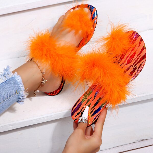 

Metallic Fluffy Thong Slides, Orange