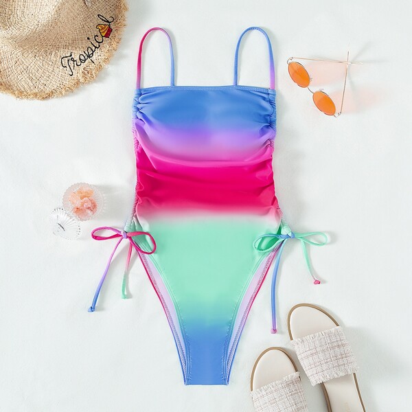 

Ombre Drawstring Side One Piece Swimsuit, Multicolor