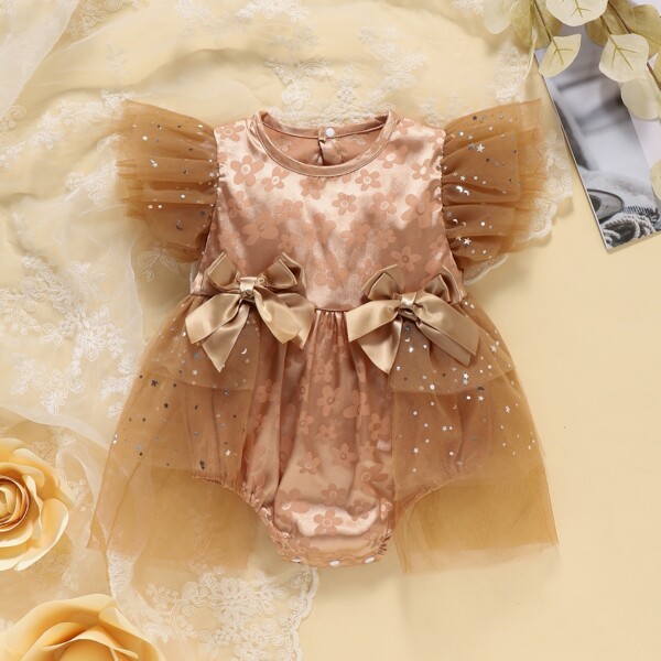 

Baby Floral Print Bow Front Mesh Panel Bodysuit, Brown