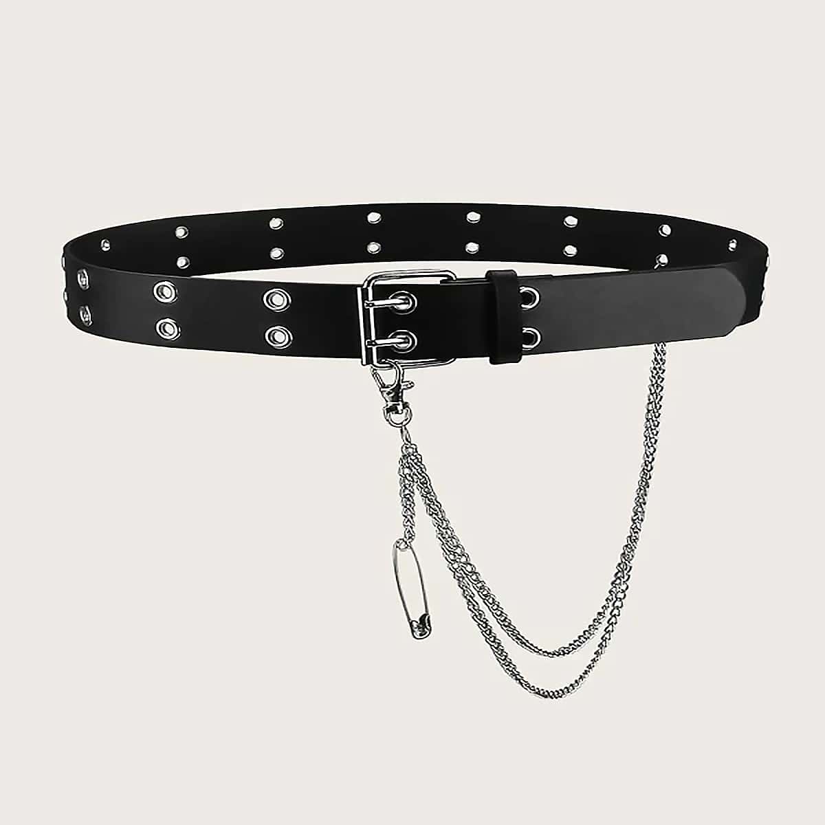 

Chain Decor Eyelet Buckle Belt, Black