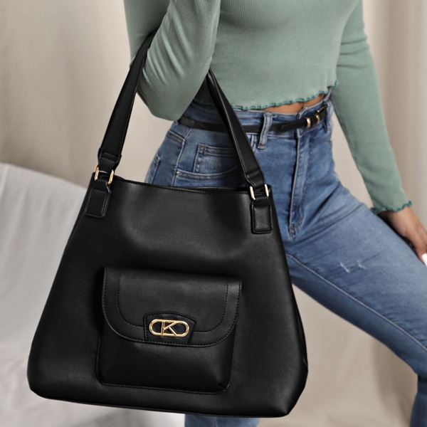 

Metal Decor Pocket Front Tote Bag, Black