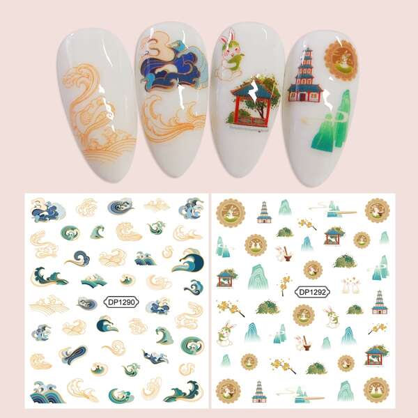 

2sheets Cloud & Rabbit Print Nail Art Sticker, Multicolor