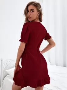 SHEIN Privé Puff Sleeve Ruffle Hem Knot Side Wrap Dress - Burgundy - View 2