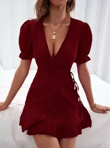 SHEIN Privé Puff Sleeve Ruffle Hem Knot Side Wrap Dress - Burgundy - View 3