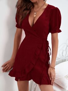 SHEIN Privé Puff Sleeve Ruffle Hem Knot Side Wrap Dress - Burgundy - View 5