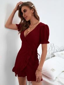 SHEIN Privé Puff Sleeve Ruffle Hem Knot Side Wrap Dress - Burgundy - View 7