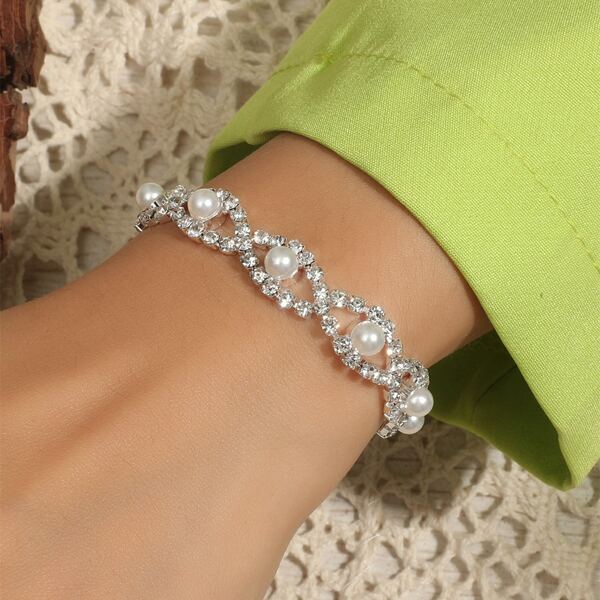 

Rhinestone & Faux Pearl Decor Bracelet, Silver