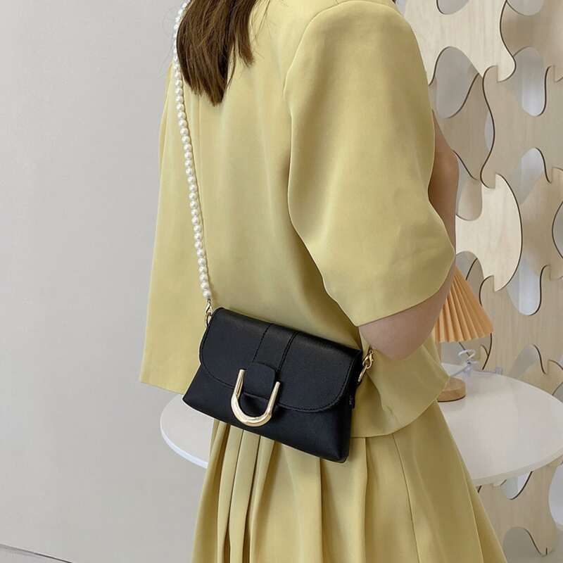

Metal Decor Flap Faux Pearl Strap Bag, Black