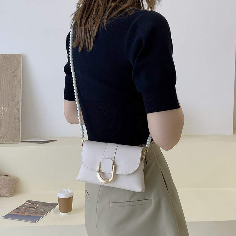 

Metal Decor Flap Faux Pearl Strap Bag, Beige