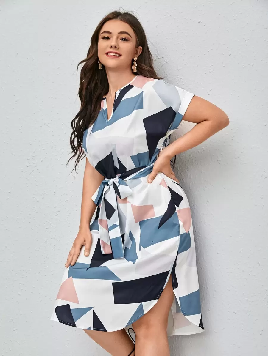 SHEIN Clasi Đầm Plus Size Thắt lưng Hình học Giải trí - Nhiều màu - Xem 1