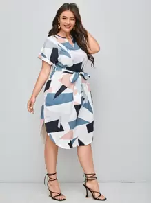 SHEIN Clasi Đầm Plus Size Thắt lưng Hình học Giải trí - Nhiều màu - Xem 4