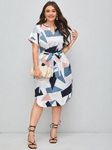 SHEIN Clasi Đầm Plus Size Thắt lưng Hình học Giải trí - Nhiều màu - Xem 5