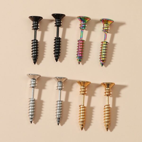 

4pairs Men Screw Design Earrings, Multicolor