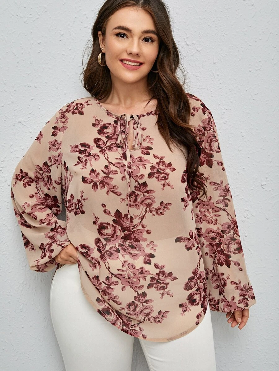SHEIN LUNE Áo sơ mi Plus Size Thắt nút Hoa Tất cả trên in Giải trí - Nhiều màu - Xem 1