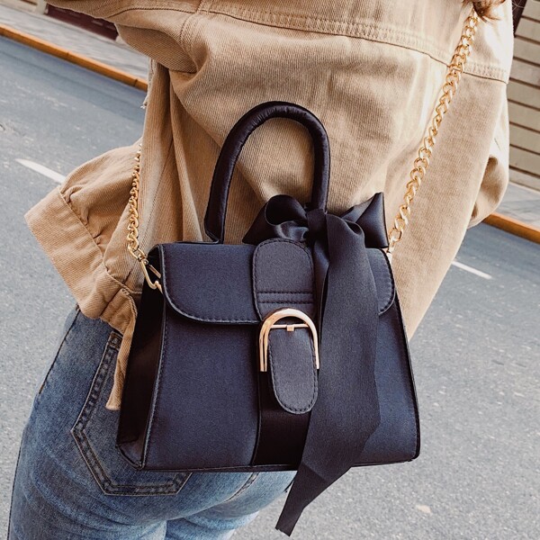 

Bow Decor Buckle Chain Satchel Bag, Black