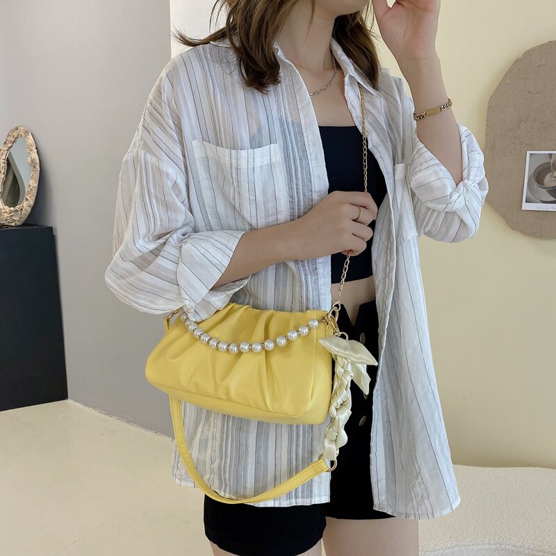 

Faux Pearl Decor Ruched Design Shoulder Bag, Yellow