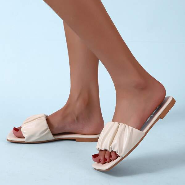 

Ruched Design Strap Slide Sandals, Beige
