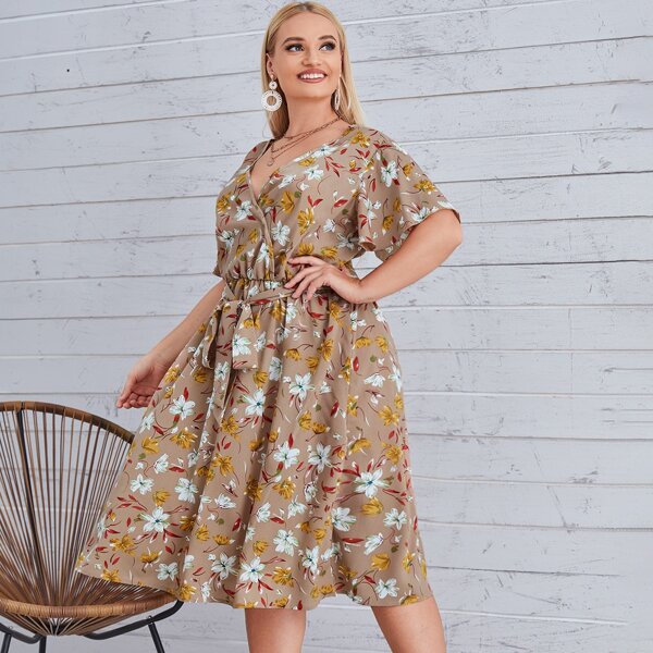 

Plus Allover Floral Belted Surplice Neck Dress, Multicolor