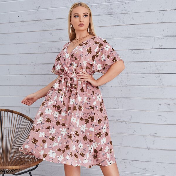

Plus Allover Floral Belted Surplice Neck Dress, Multicolor