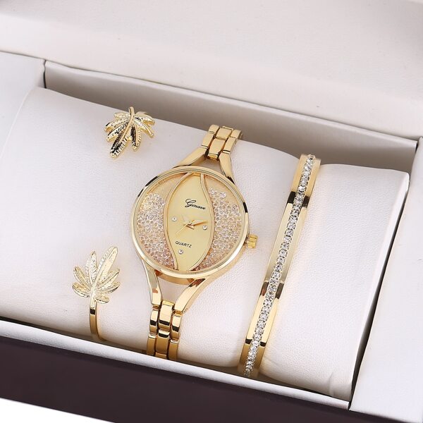 

1pc Rhinestone Decor Round Pointer Quartz Watch & 2pcs Bracelet