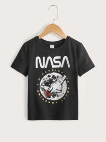 SHEIN Girls Letter & Rocket Print Tee - Black - View 1