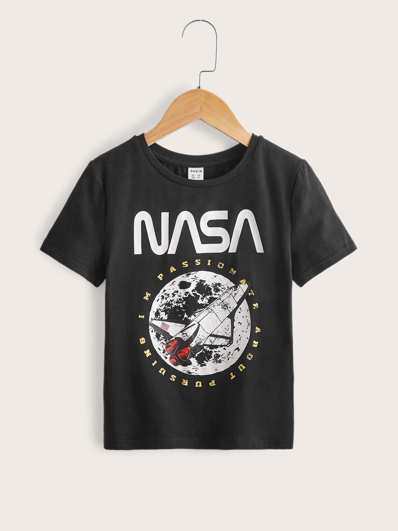 SHEIN Girls Letter & Rocket Print Tee - Black - View 1